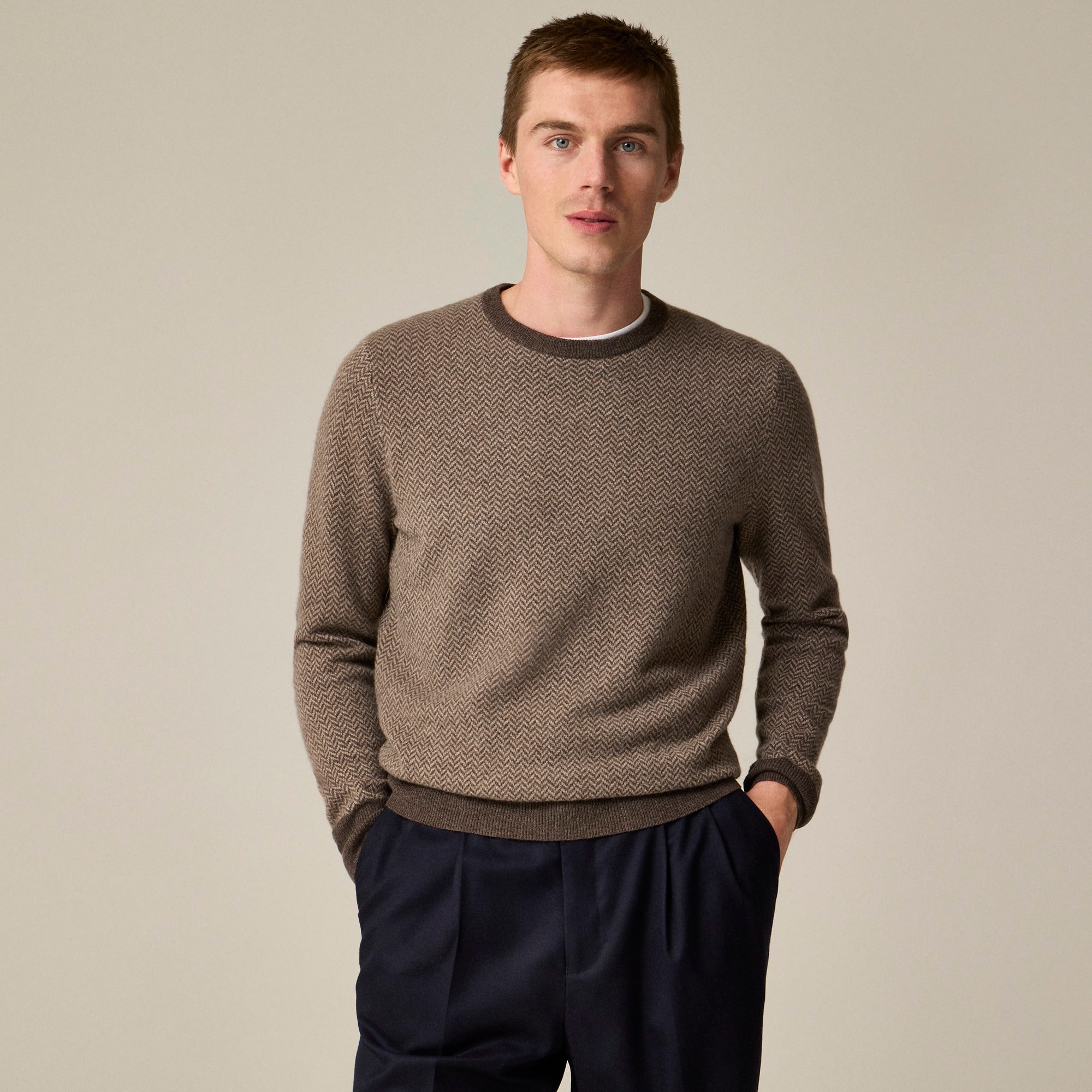 mens Cashmere herringbone jacquard crewneck sweater