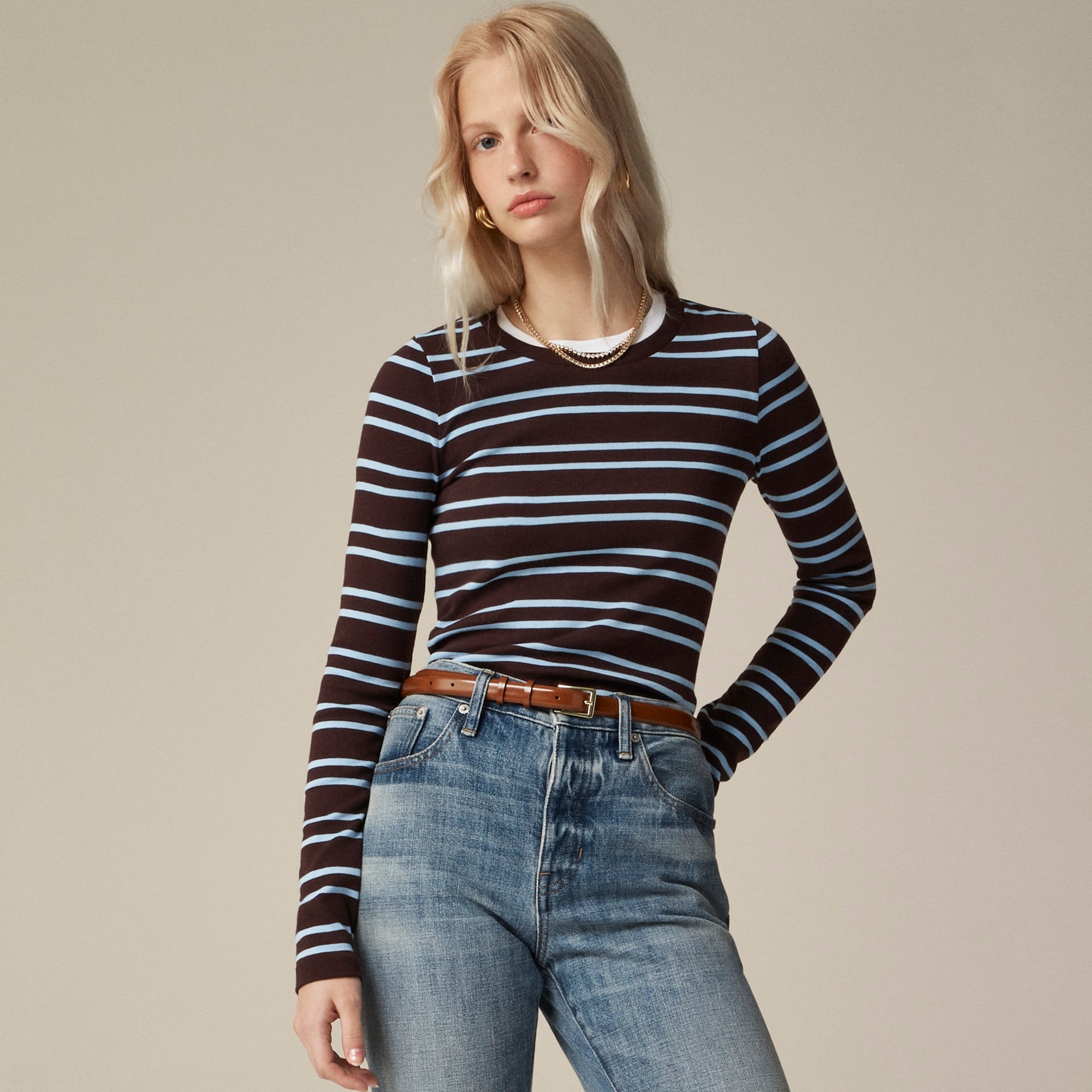 womens Perfect-fit long-sleeve crewneck T-shirt in stripe