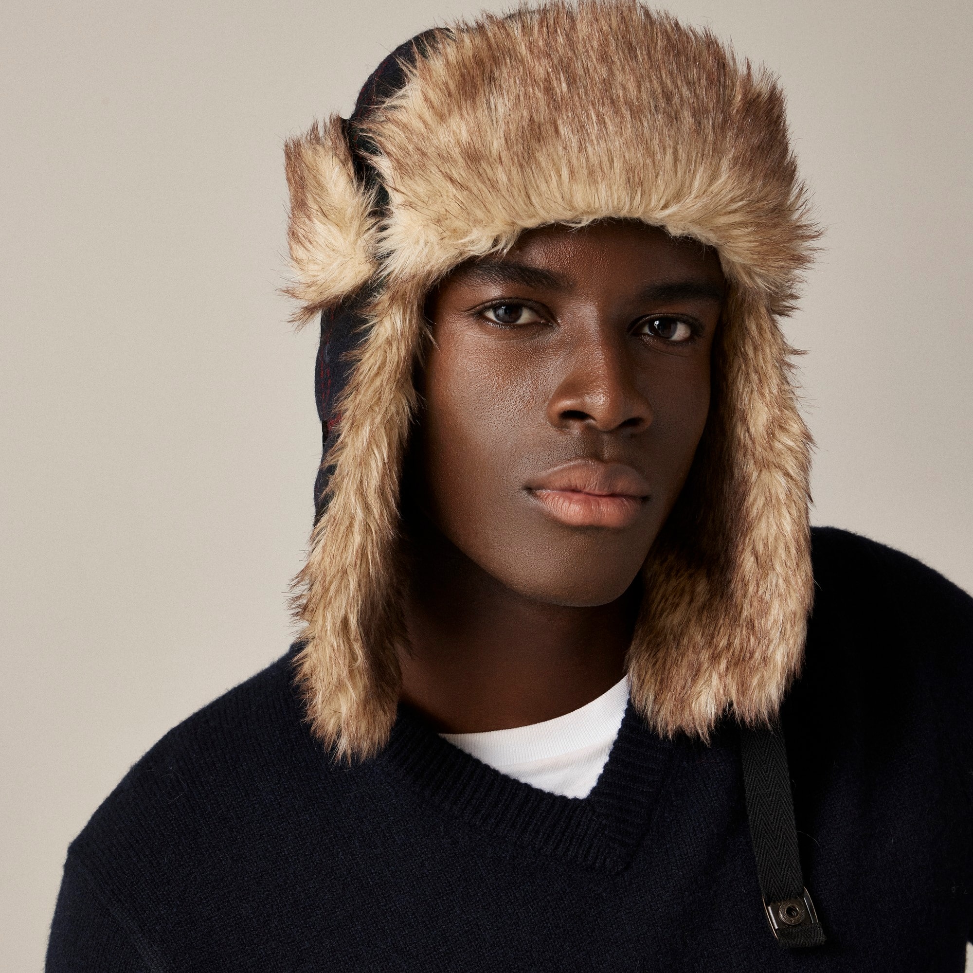 mens English wool faux fur-lined trapper hat