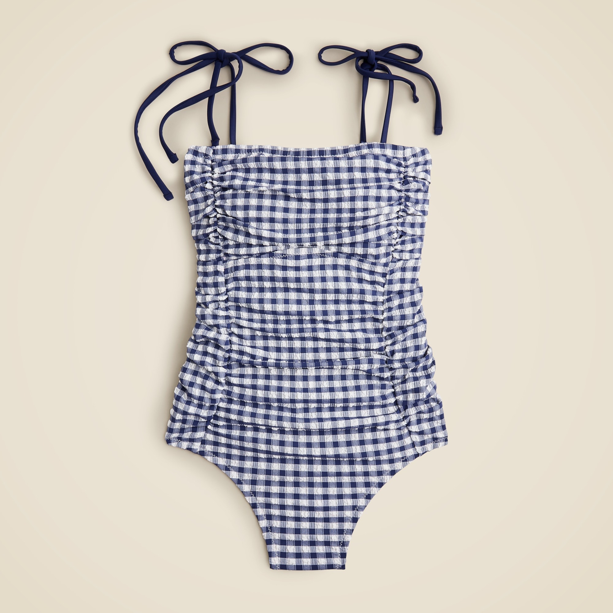  Ruched tie-shoulder one-piece swimsuit in gingham