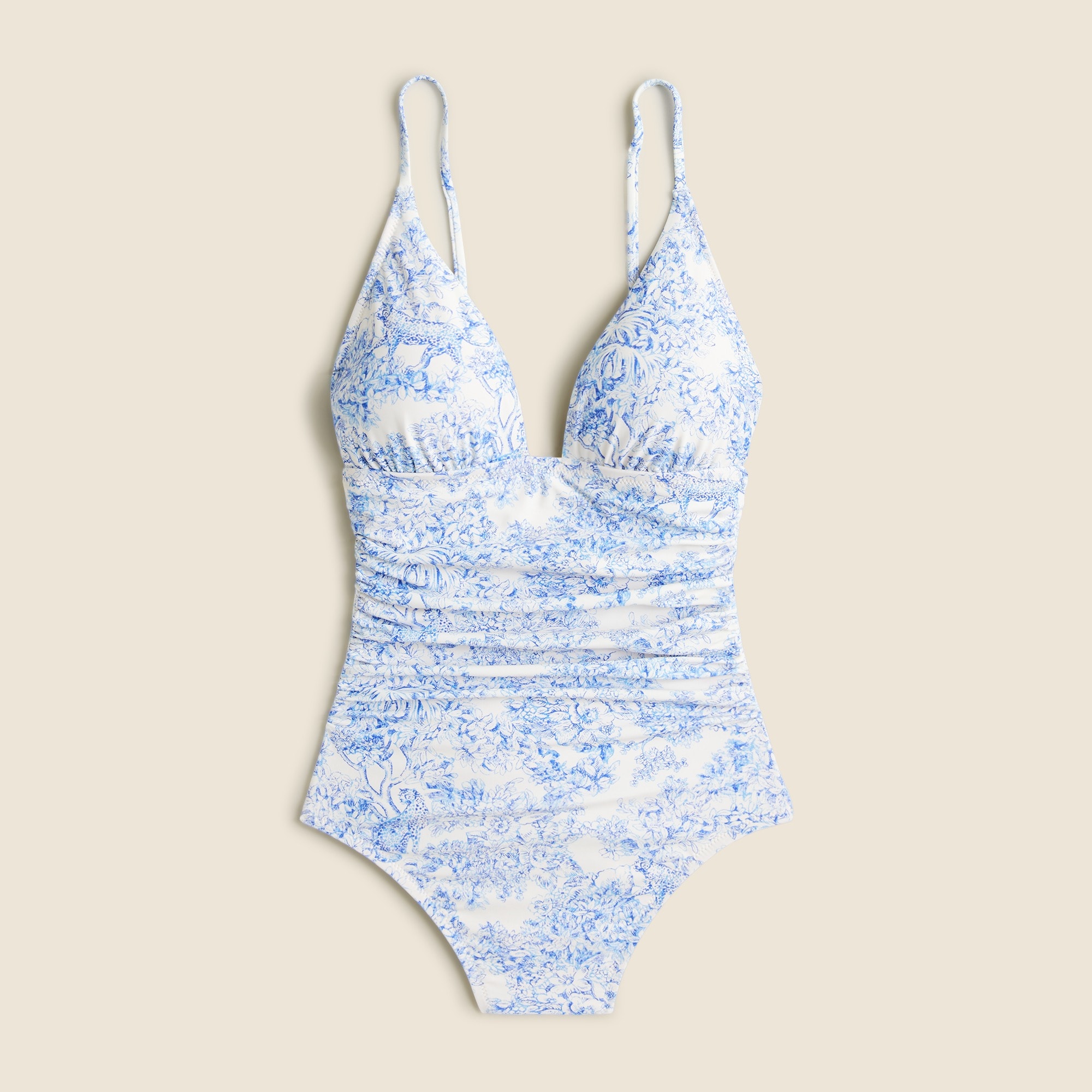  Ruched plunge one-piece swimsuit in blue toile