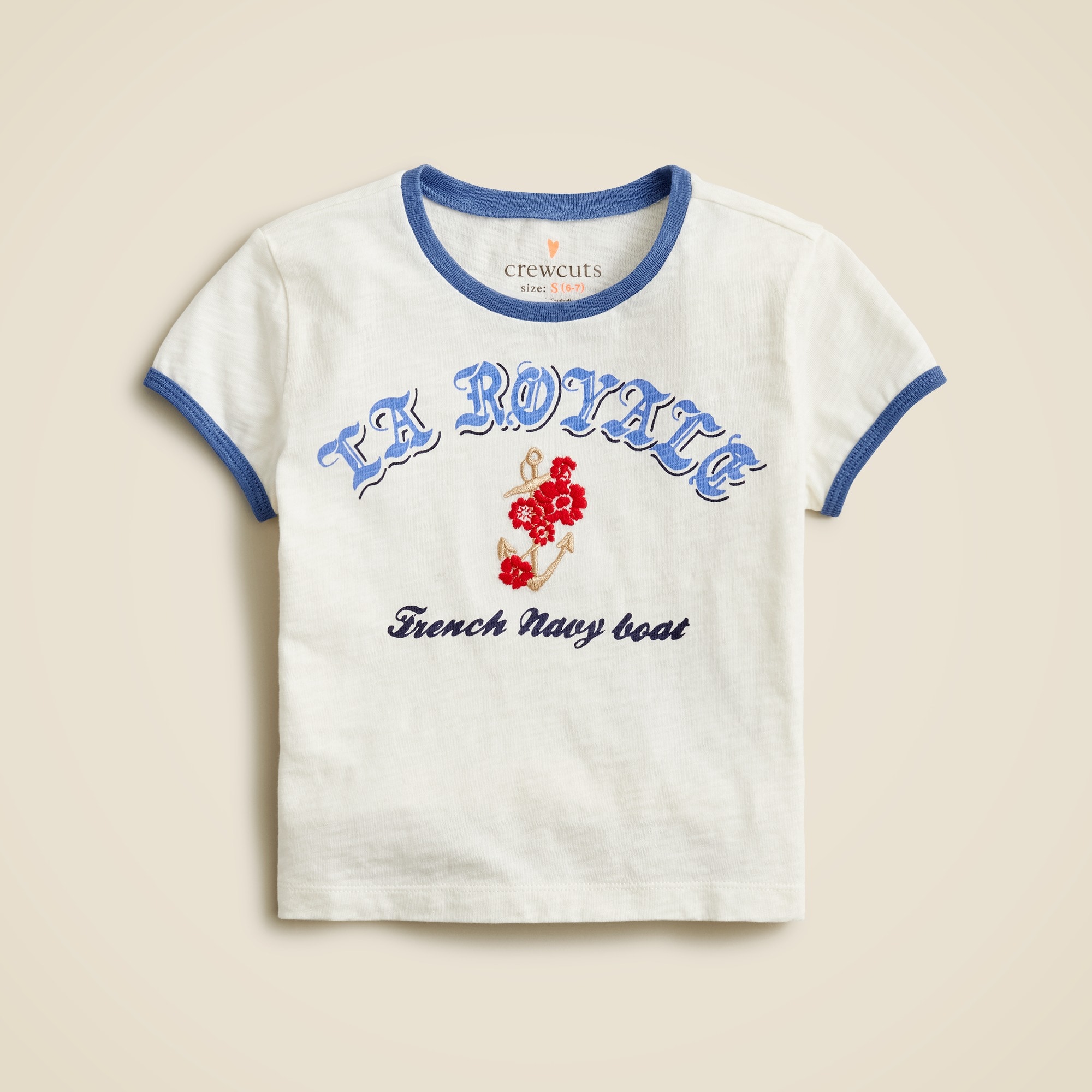  Girls' shrunken &quot;La royale&quot; graphic T-shirt with embroidery