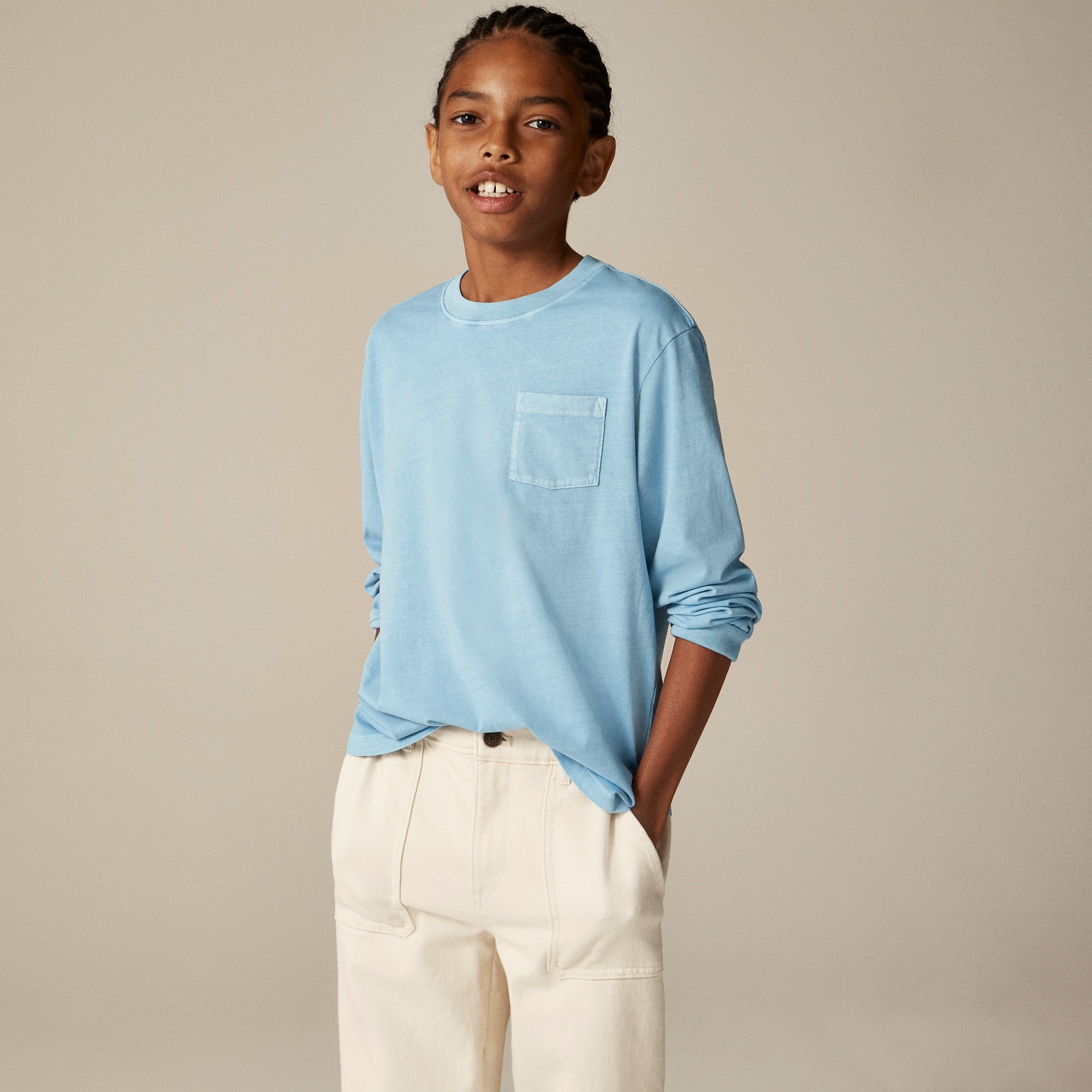 boys Kids' long-sleeve garment-dyed pocket T-shirt in broken-in-jersey