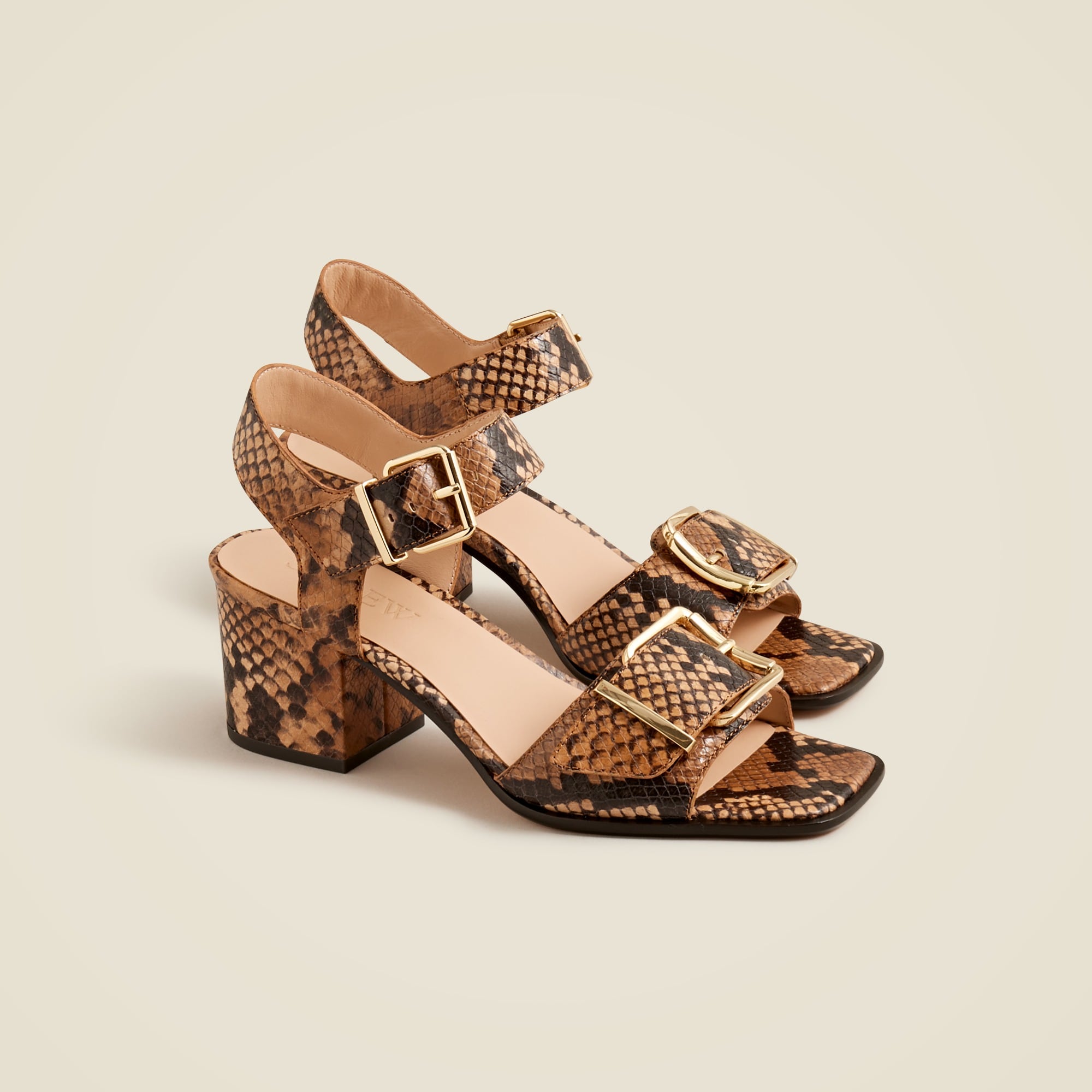 womens Dylan buckle block-heel sandals in snake-embossed Italian leather