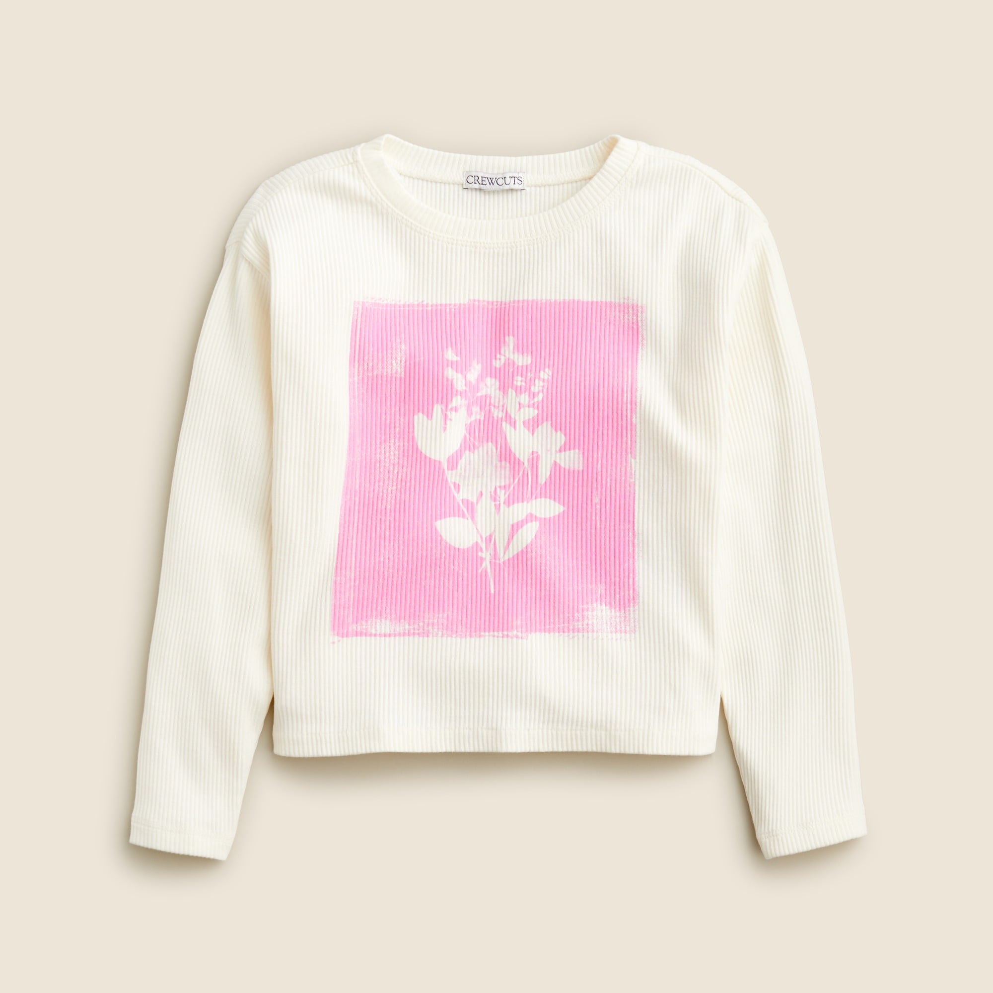  Girls' long-sleeve flower print graphic T-shirt in vintage rib