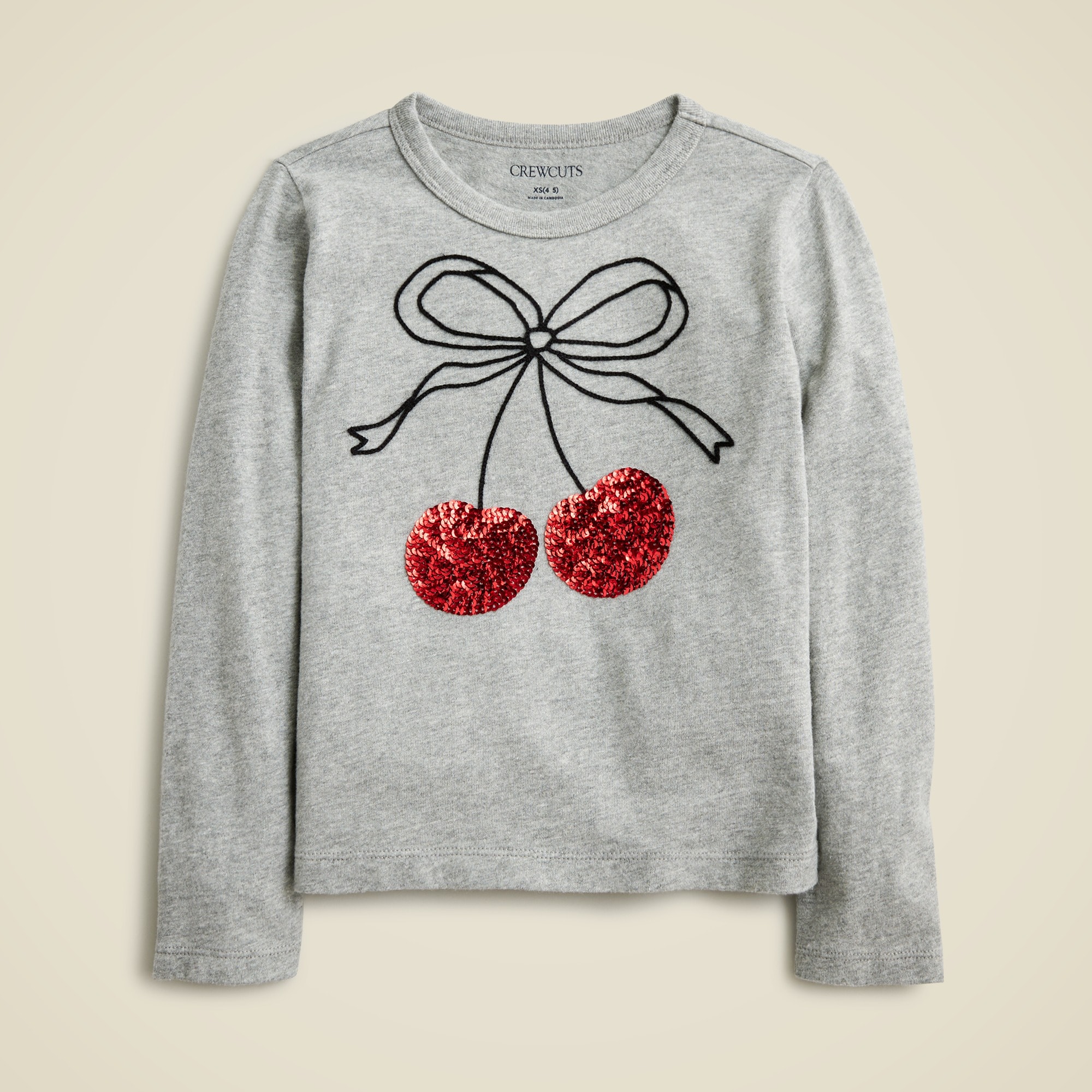  Girls' long-sleeve cherry bow graphic T-shirt with sequins