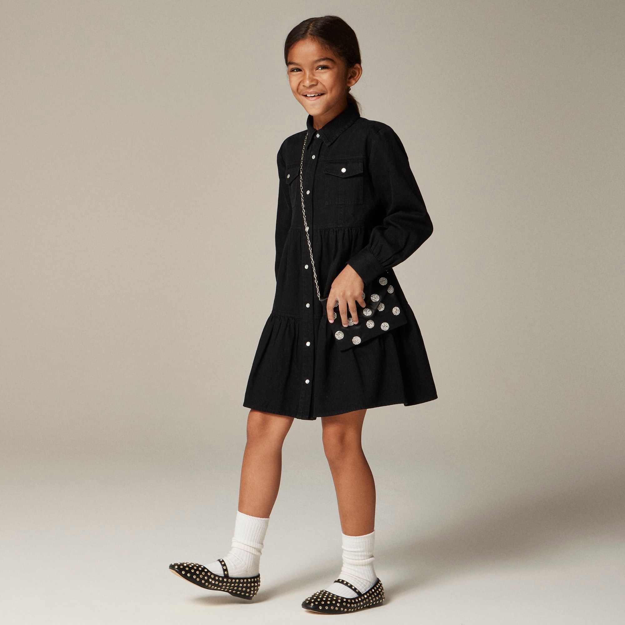 girls Girls' long-sleeve patch-pocket shirtdress in drapey denim