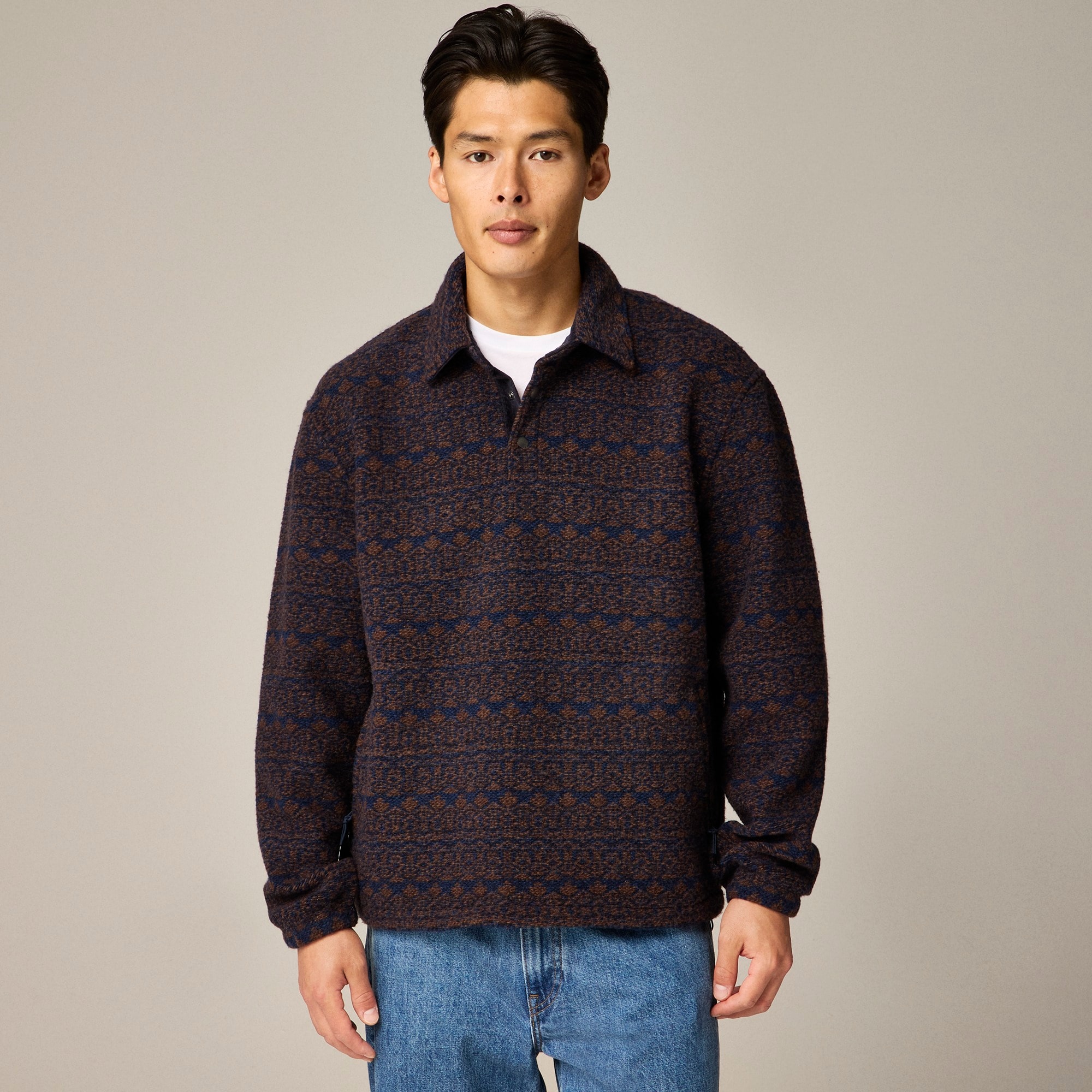 mens Wool-blend sweater fleece snap-collar pullover in pattern