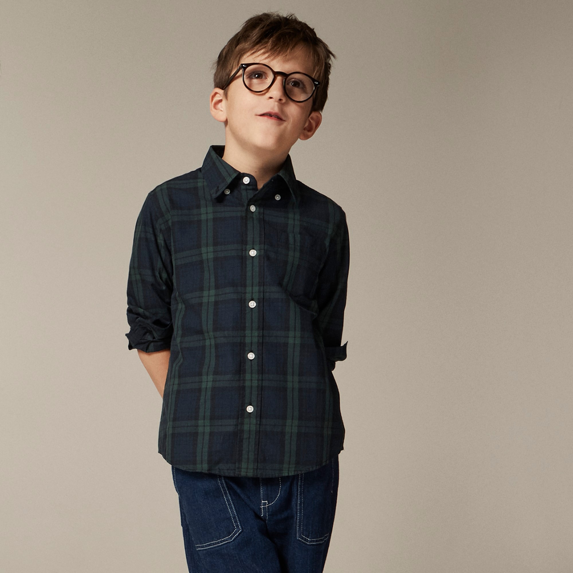 boys Kids' long-sleeve stretch poplin button-down in Black Watch tartan