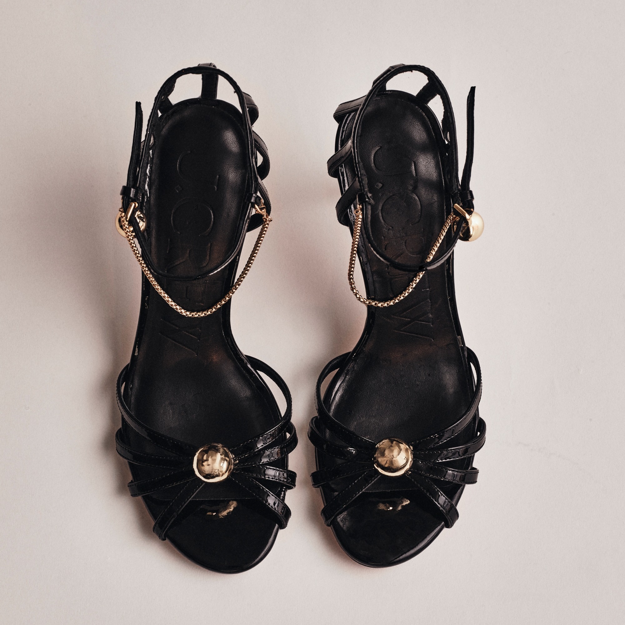  Collection Made-in-Spain Rylie sandals in patent leather with gold baubles