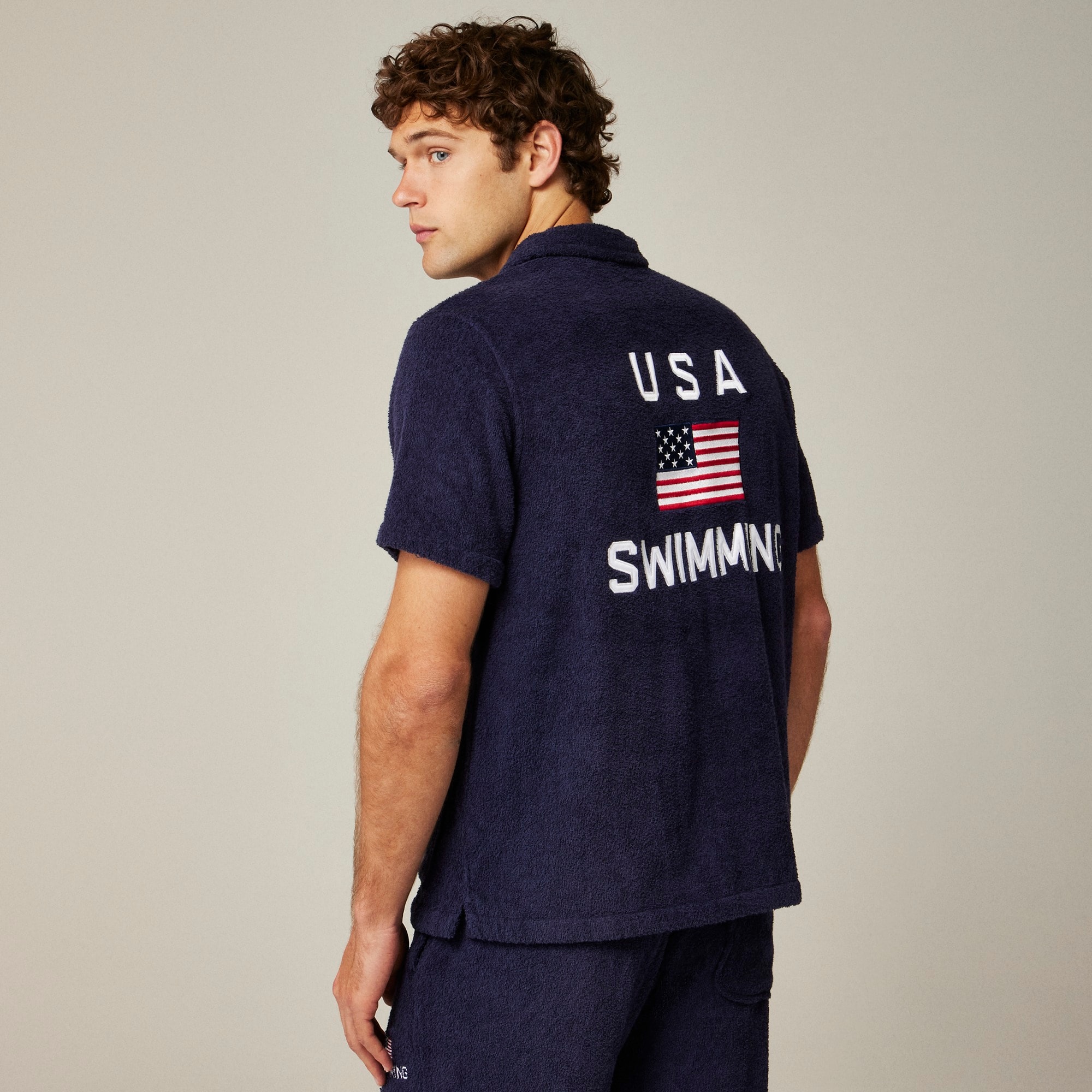 mens Limited-edition USA Swimming&reg; X J.Crew terry cloth four-pocket graphic camp-collar shirt