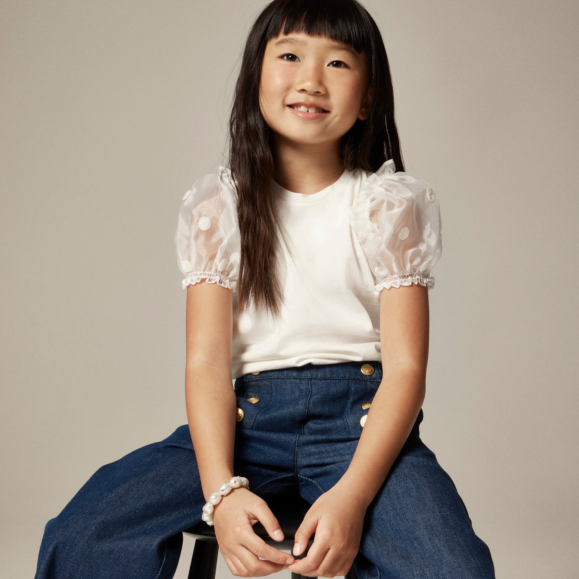  Girls' organza puff-sleeve T-shirt