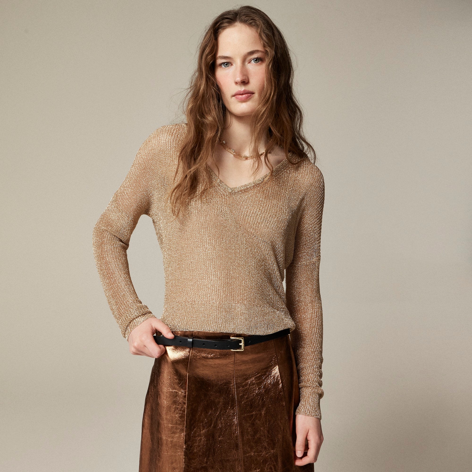 womens Sheer metallic V-neck sweater