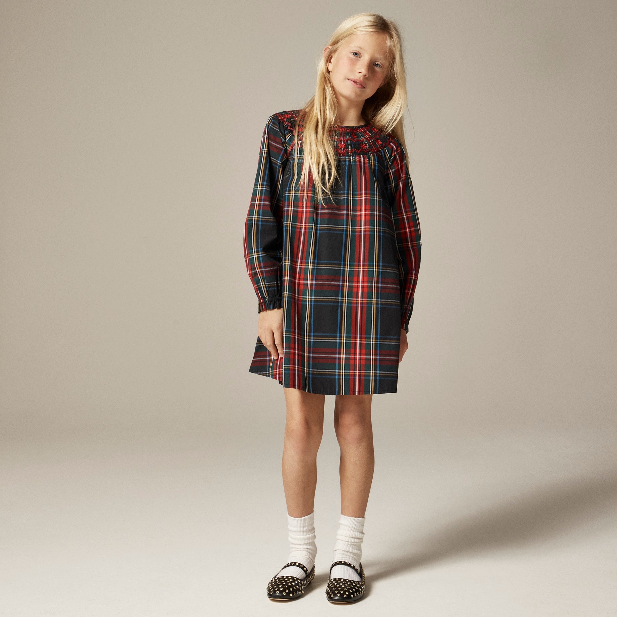  Girls' smocked Stewart tartan dress with embroidery