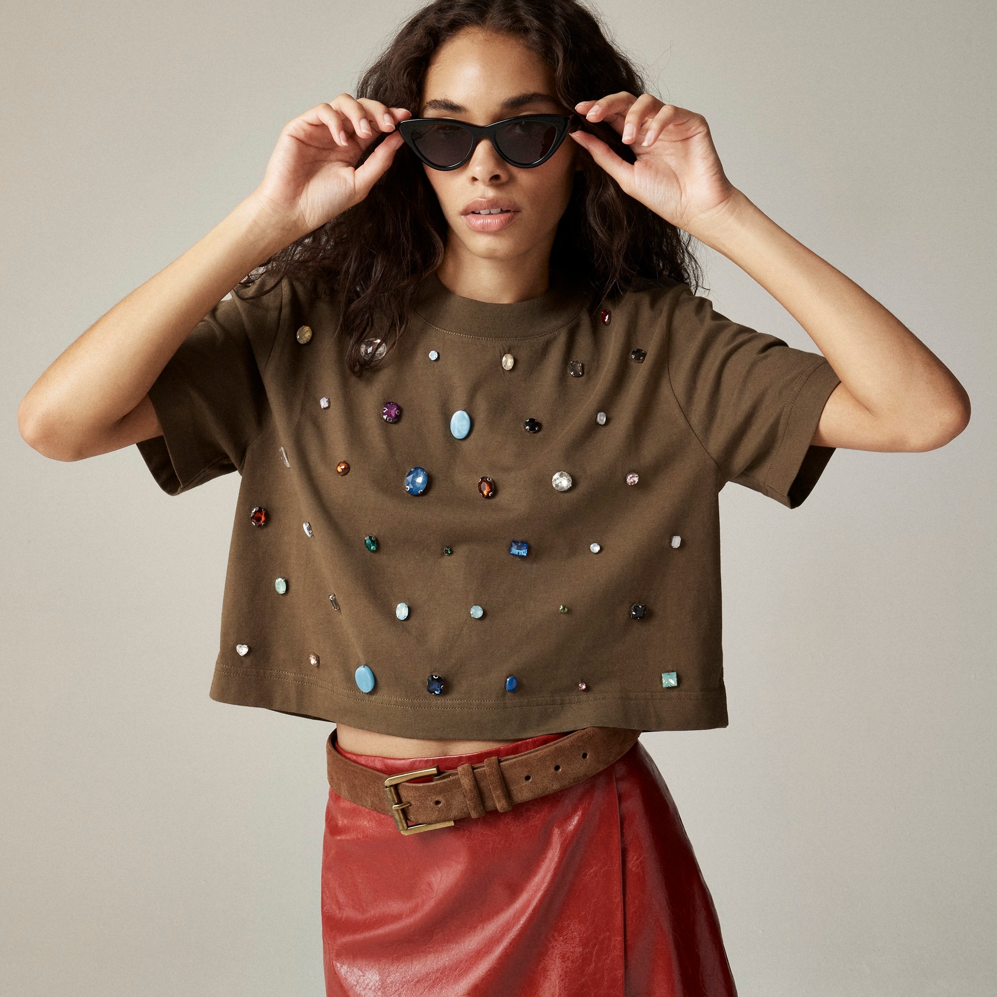 womens Heavy jersey cropped T-shirt with gemstones