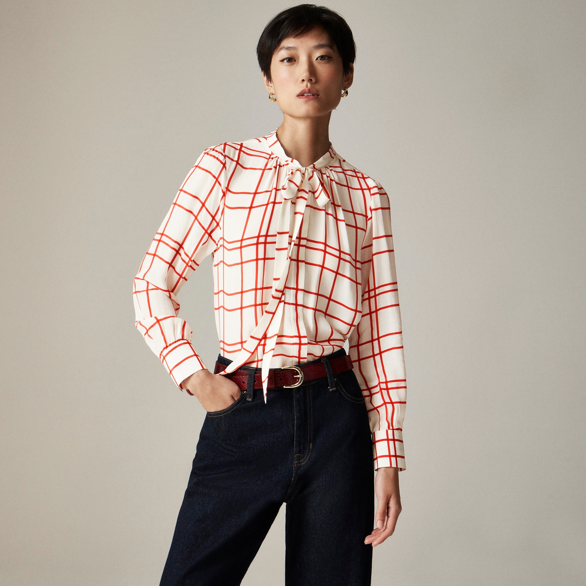 womens Tie-neck top in plaid crepe de chine