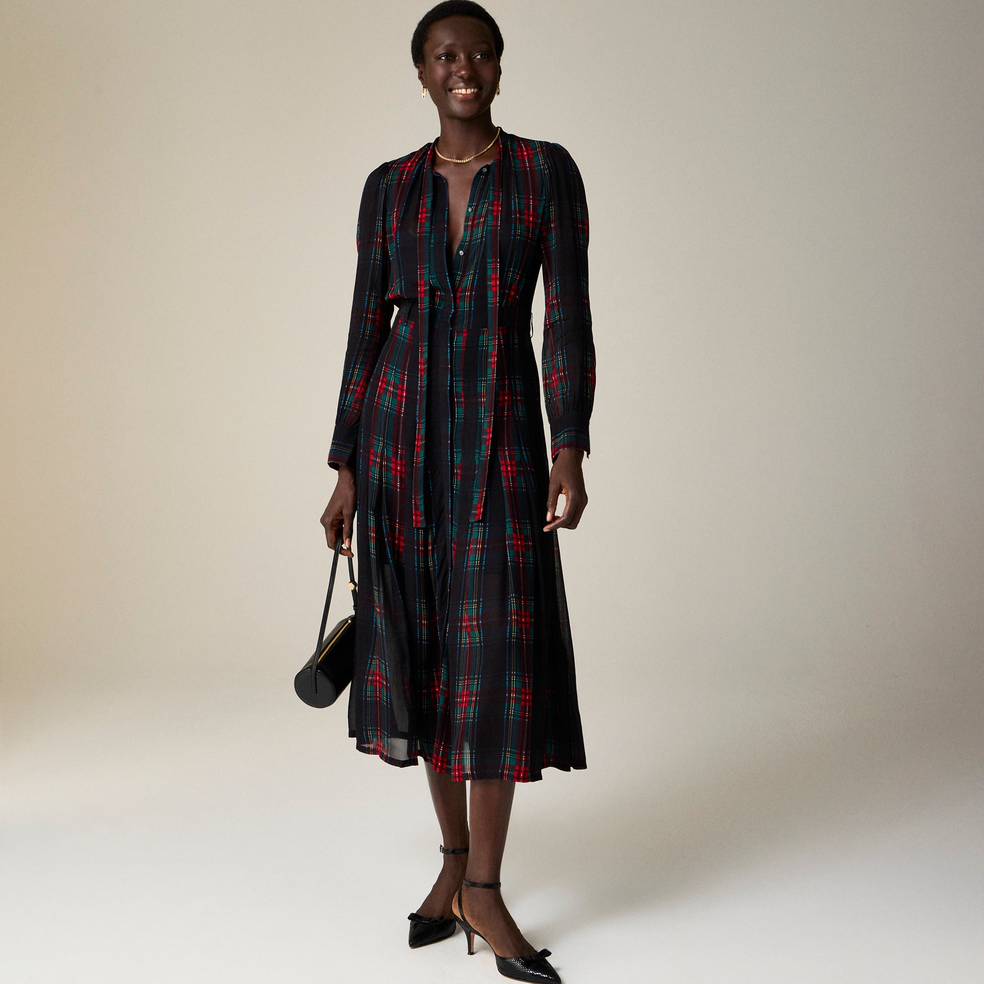 womens Tie-neck dress in Stewart tartan viscose chiffon